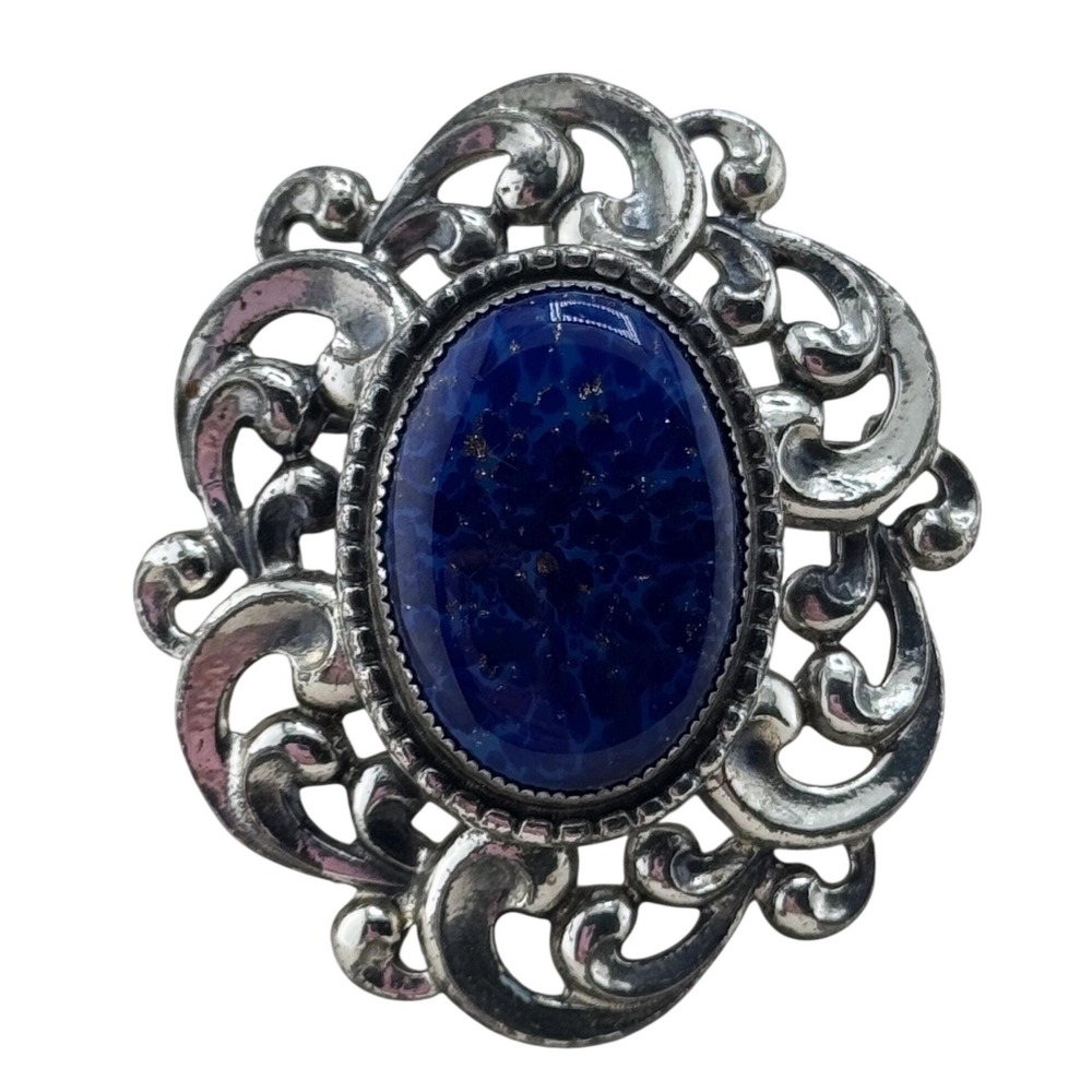 Vintage Danecraft Brooch Pendant‎ Sterling Silver Ornate Blue Art Glass Pin